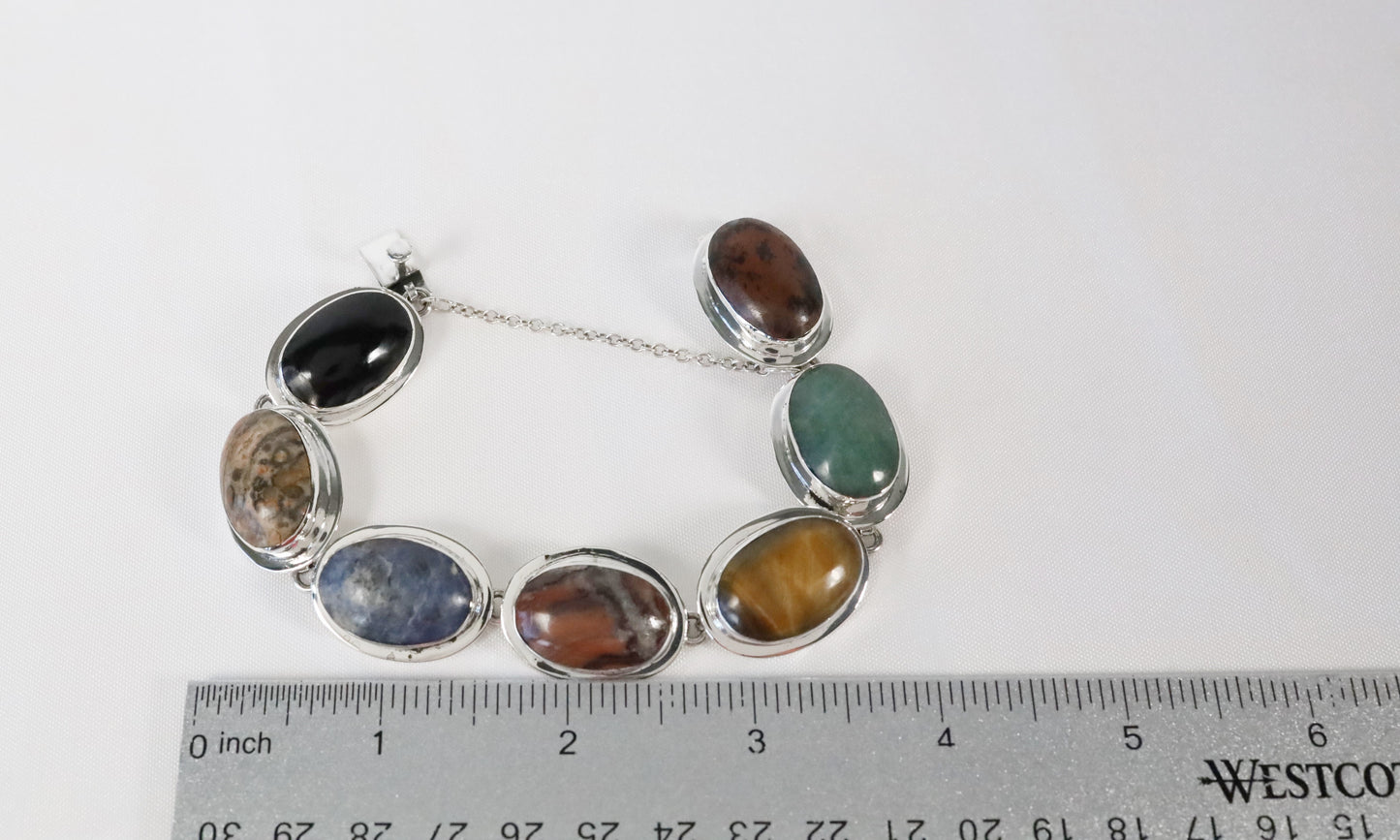 Sterling Silver Large Oval Multi Gemstone Bracelet, 8 inches - 55.1g