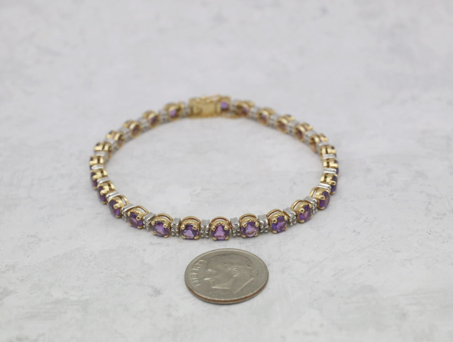 Vintage 14k Yellow & White Gold Amethyst & Diamond Bracelet, 7 inches - 10.3g