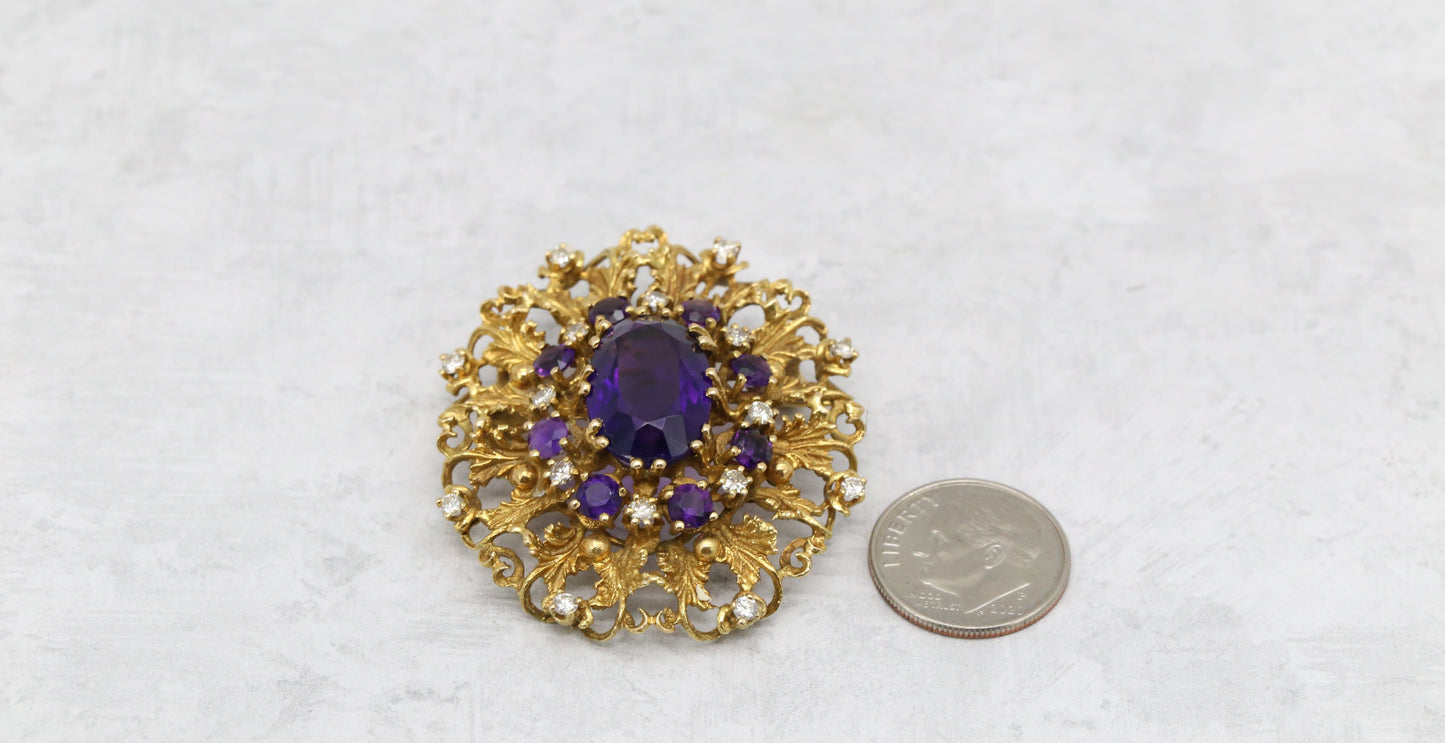 Vintage 14k Yellow Gold Amethyst & Diamond Brooch/Pendant - 16.3g