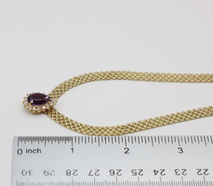 Vintage 14k Yellow Gold Amethyst & Diamond Mesh Choker Necklace, 16 inches - 18.0g