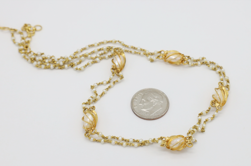 Vintage 18k Yellow Gold Beaded Pearl Choker Necklace, 15-16 inches - 12.6g