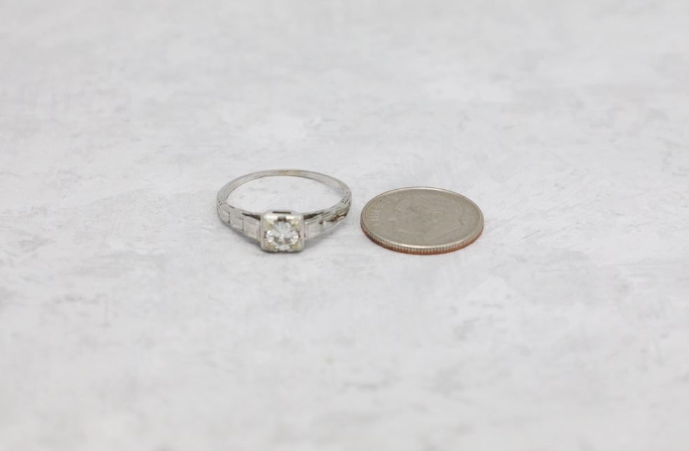 Vintage 18k White Gold Art Deco Engagement Ring, Size 7.25 - 2.6g