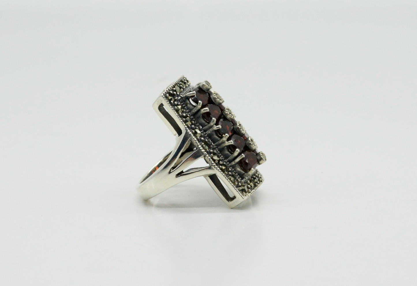 Vintage Sterling Silver Garnet Rectangular Ring, Size 6 - 13.2g