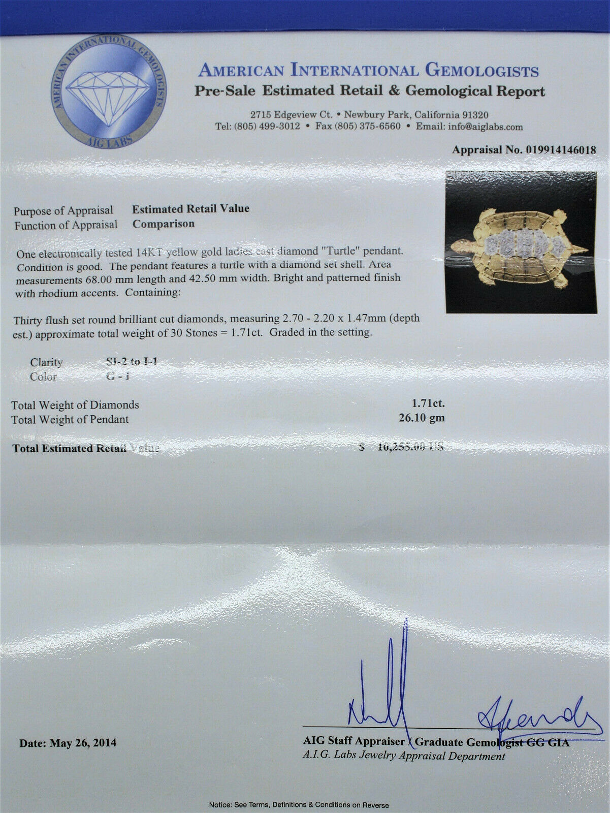 14k Yellow Gold Diamond Turtle Pendant - 26.1g