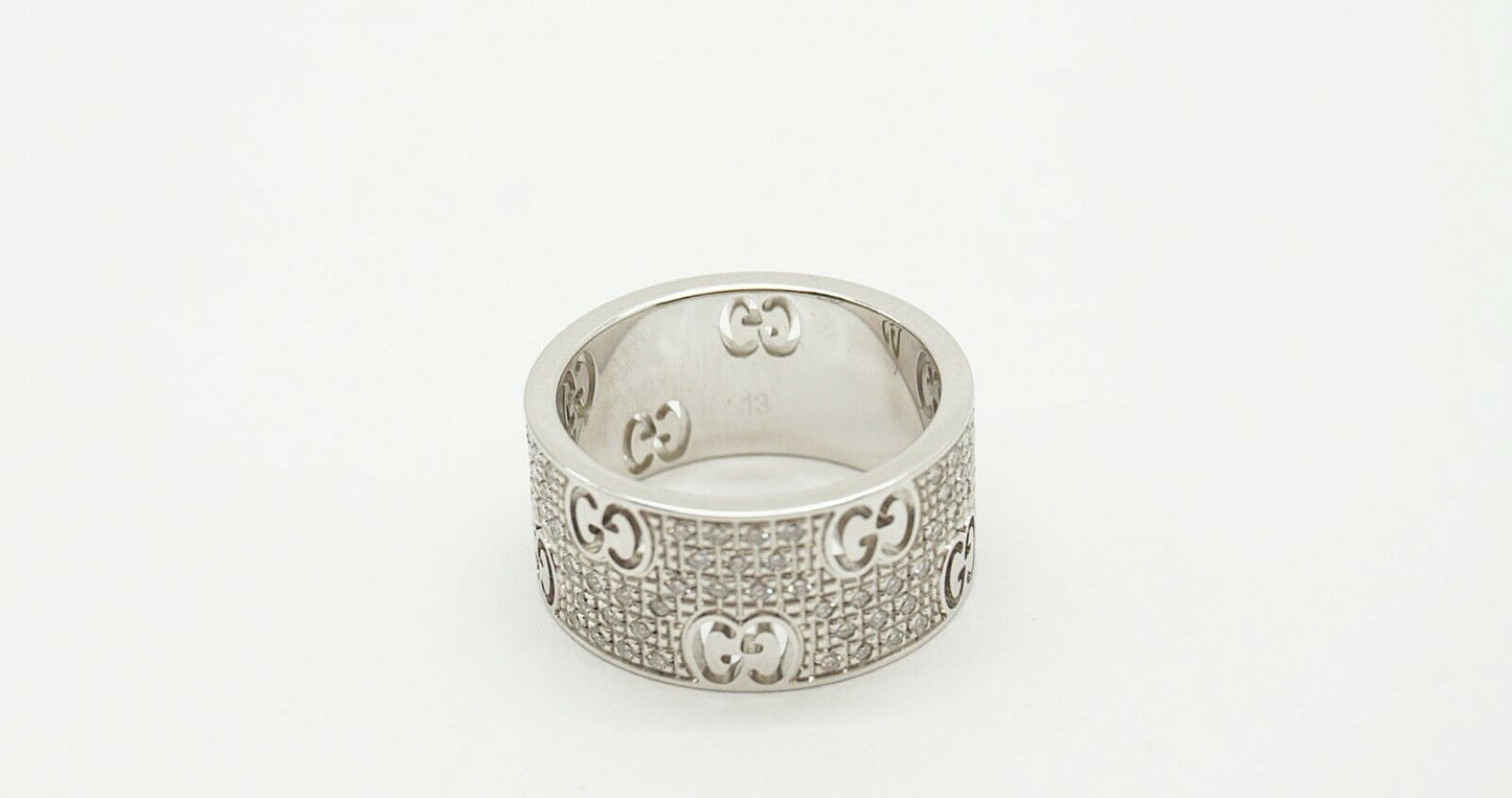 18k White Gold Gucci Logo Diamond Band Ring, Size 6.5 - 8.9g