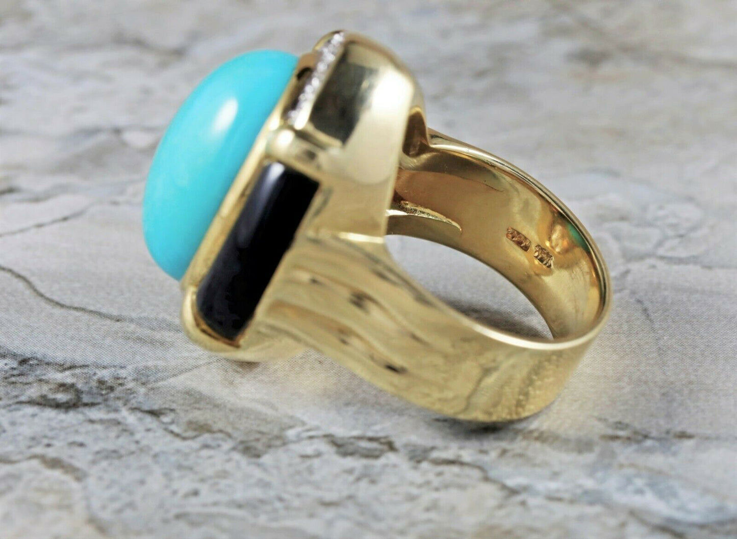 18k Yellow Gold Ladies Turquoise, Black Onyx & Diamond Ring, Size 6.75 - 16.6g