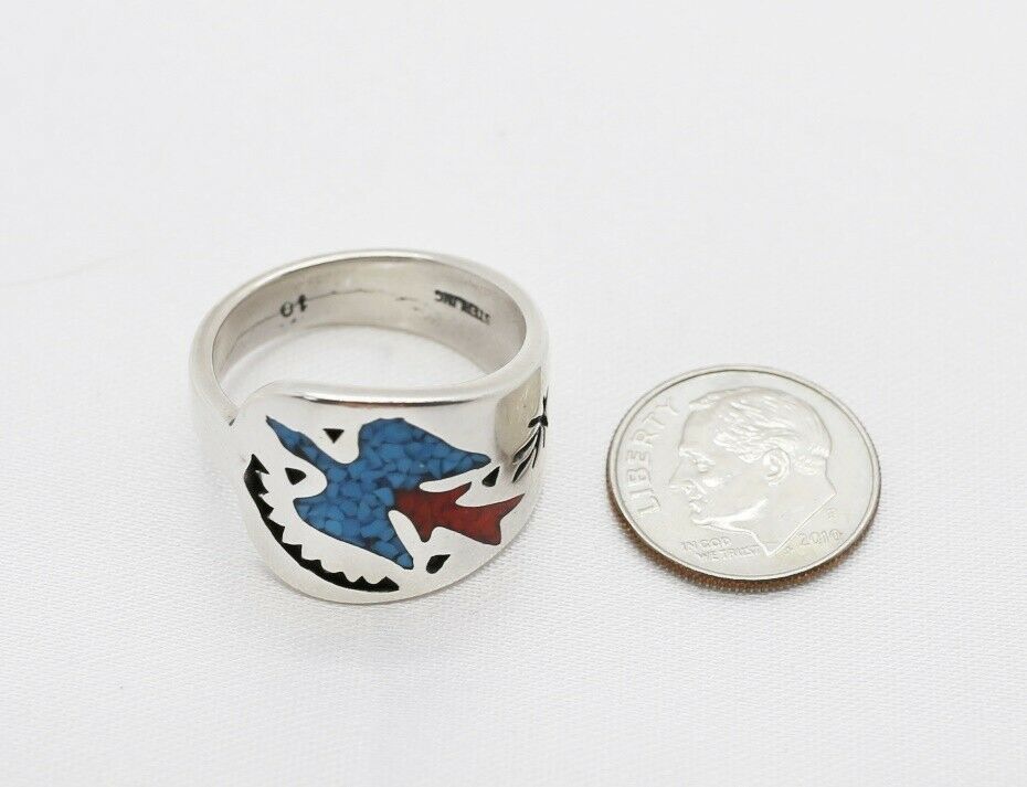 Sterling Silver Turquoise/Red Jasper Bird Ring, Size 9.75 - 10.1g