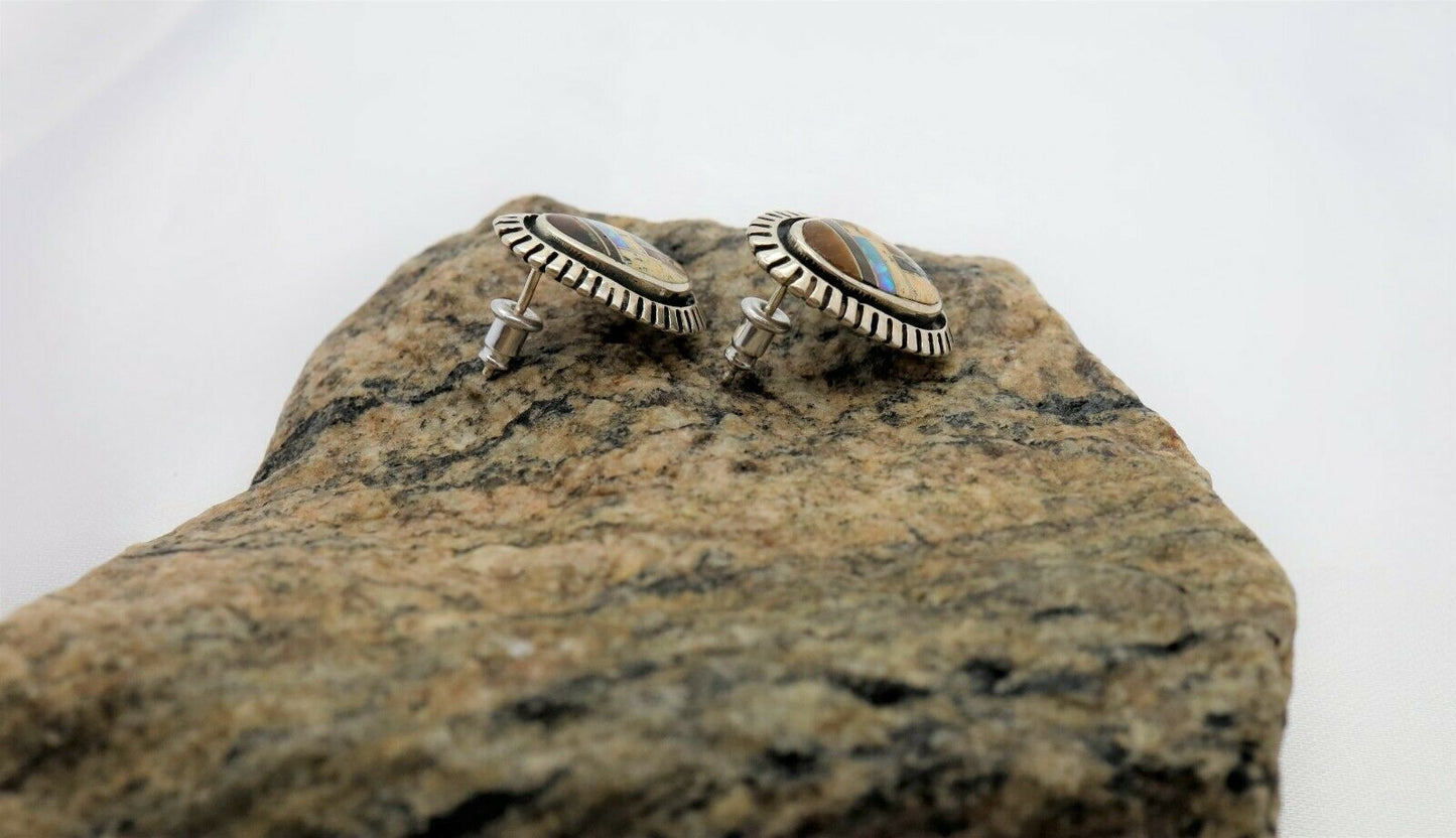 Navajo Sterling Silver, Opal & Tiger's Eye Stud Earrings - 7.5g