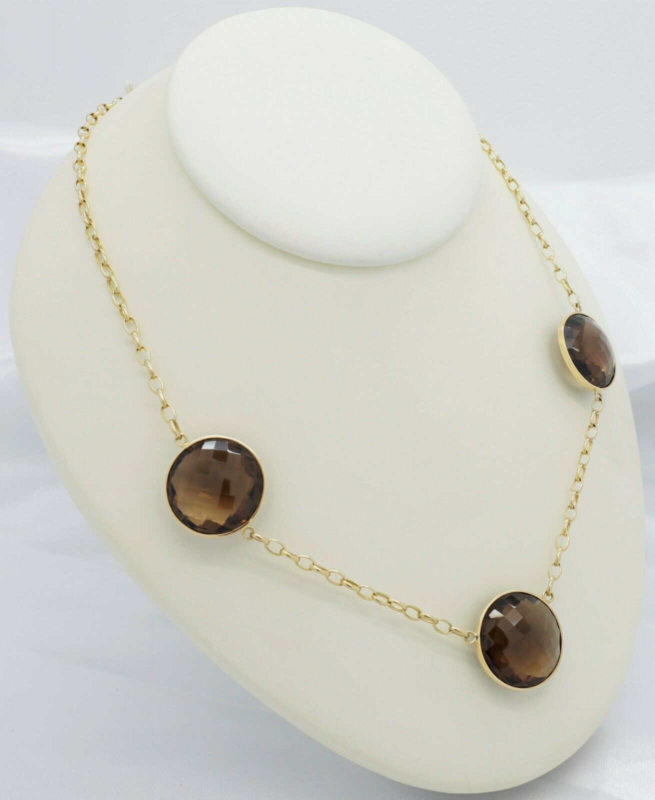 14k Yellow Gold Smokey Topaz Tri-Stone Ladies Necklace, 18 inches - 17.2g