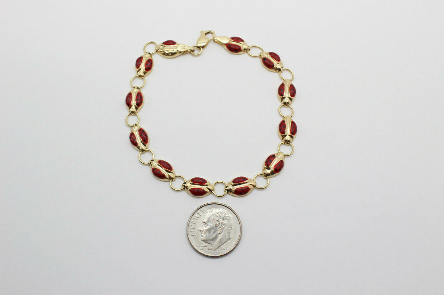 14k Yellow Gold Ladybug Enamel Bracelet, 7.5 inches - 4.6g