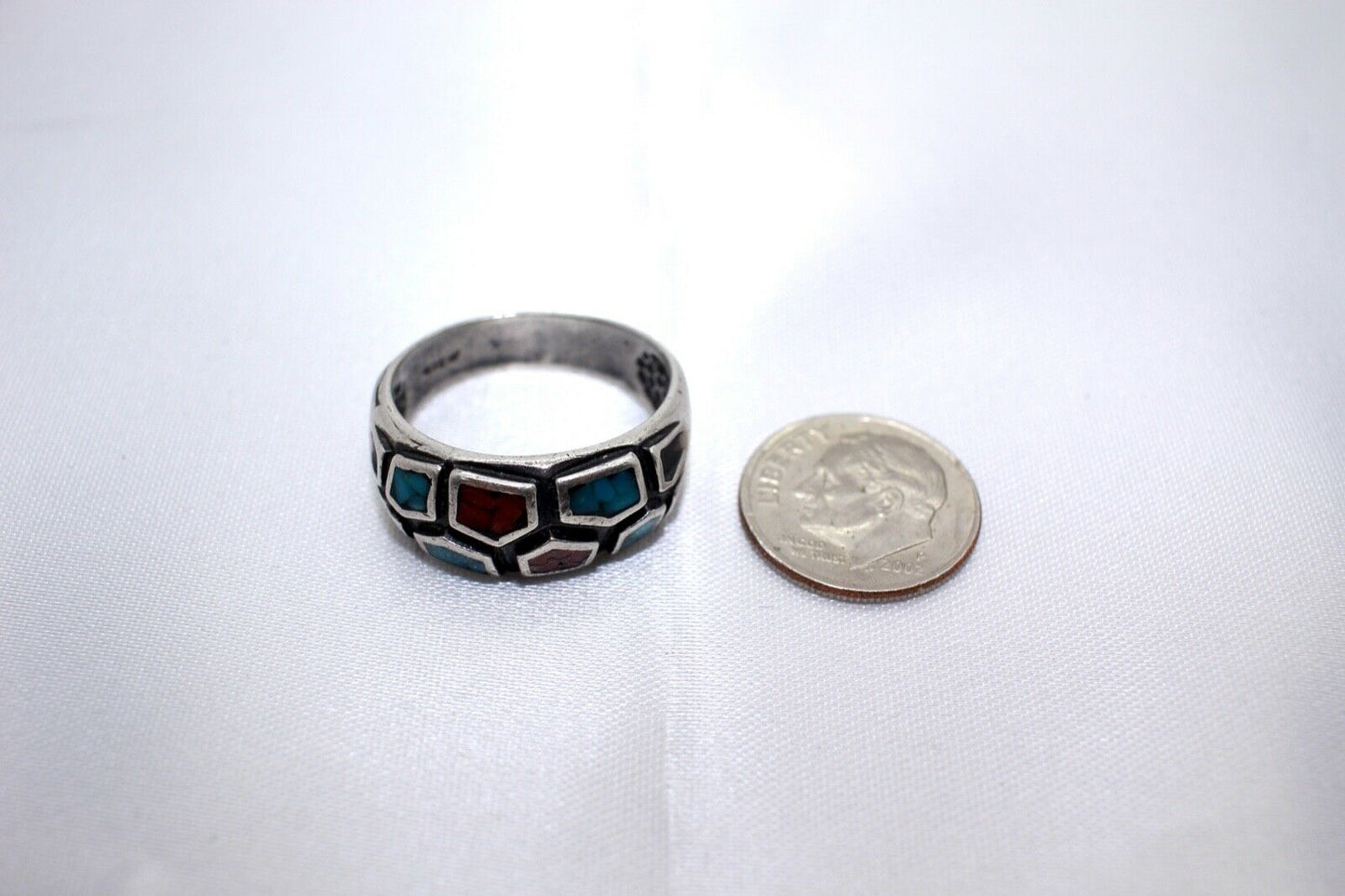 Sterling Silver Turquoise/Red Jasper Banded Ring, Size 9 - 6.8g