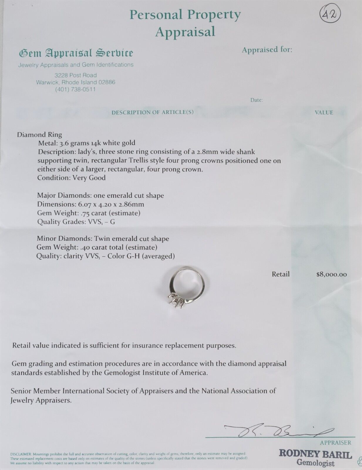 14k White Gold 1.15cttw Emerald Cut Engagement Ring, Size 6.75 - 3.7g