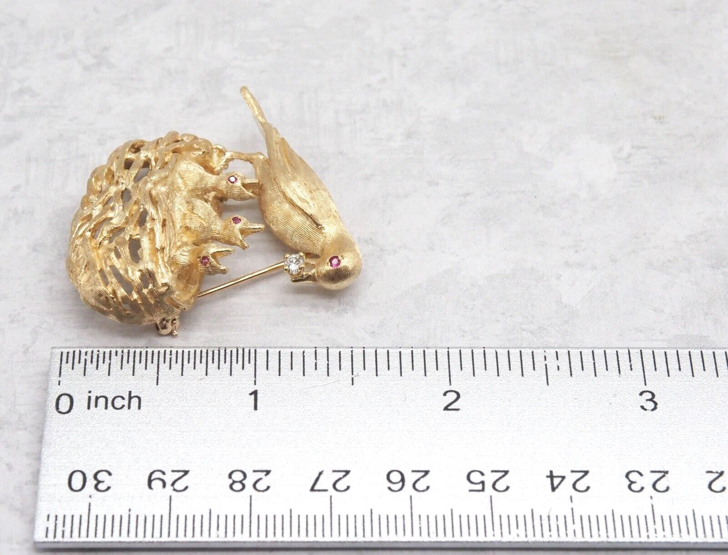 Vintage Frank J Golden 14k Yellow Gold Rubies & Diamond Bird Nest Brooch - 21.6g
