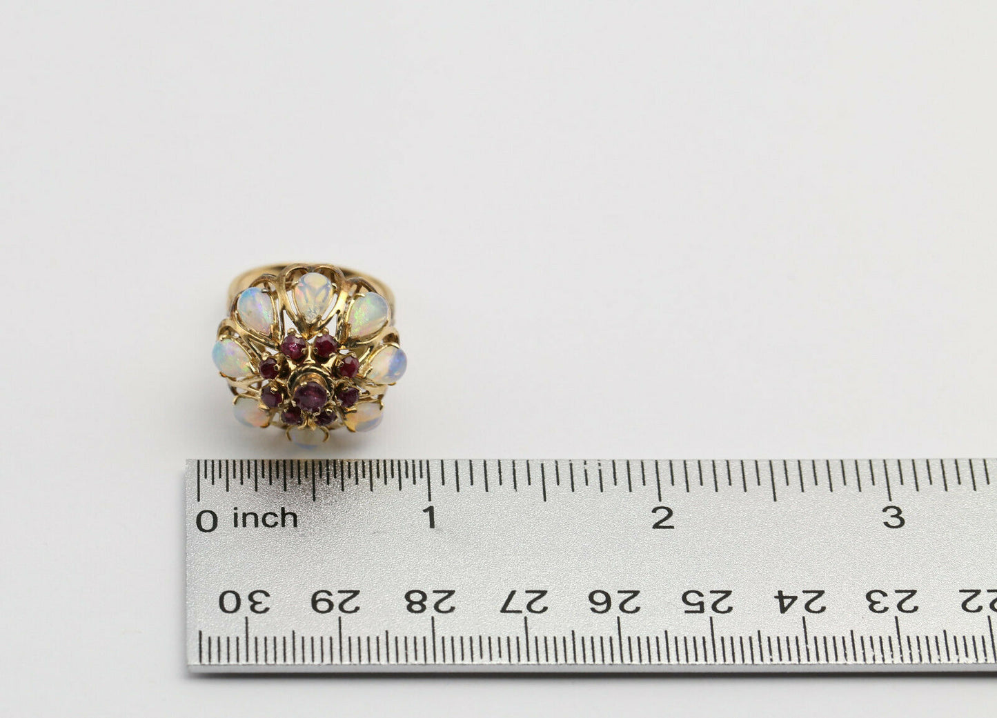 Vintage 14k Yellow Gold Cocktail Ring with Opal & Rubies, Size 7 - 6.1g