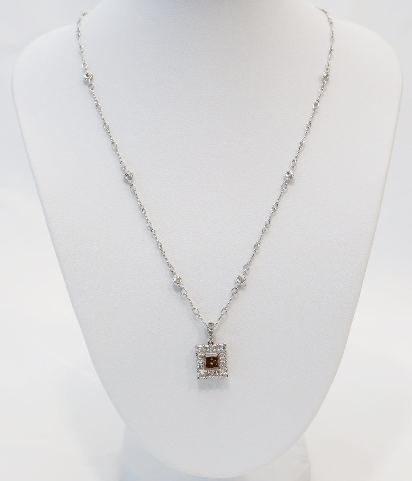 14k White Gold White & Chocolate Diamond Pendant Necklace, 16 inches - 6.8g