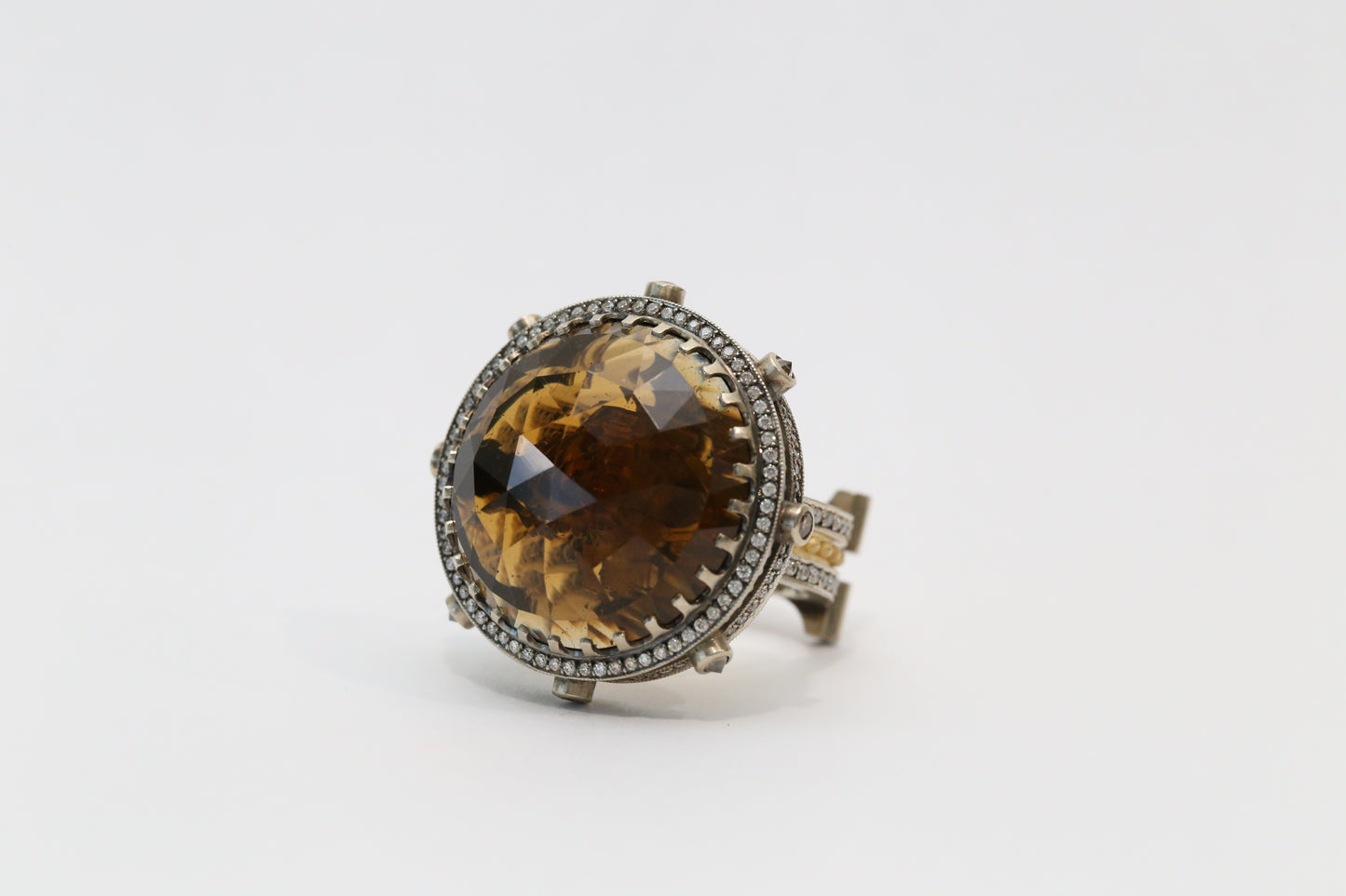 14k White & Yellow Gold Large Smoky Quartz Ring with Diamonds, Size 8 - 32.9g