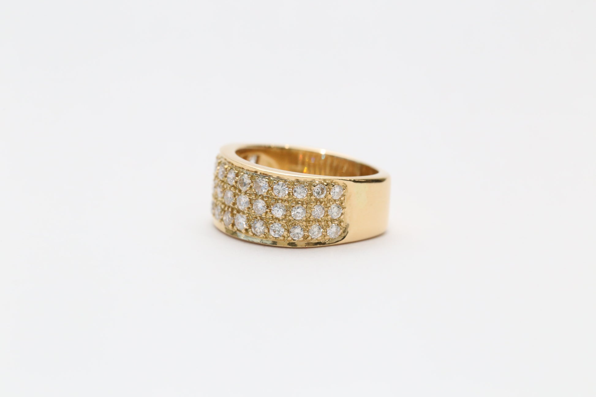 18k Yellow Gold Three-Row Diamond Ring, Size 6.5 - 8.6g