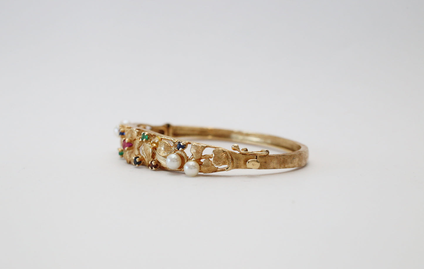 14k Yellow Gold Multi-Gemstone Floral Bangle, 6.5 inches - 17.0g