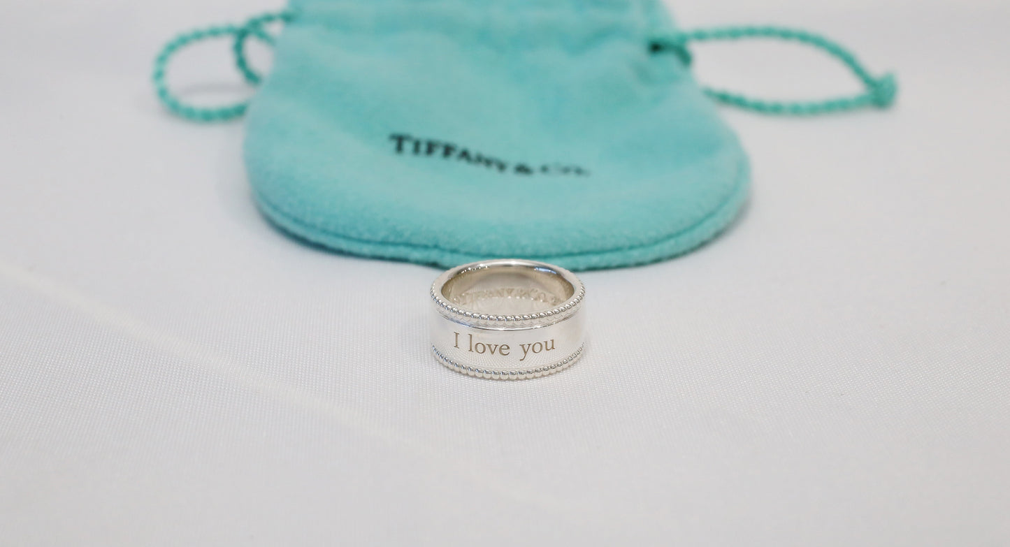Tiffany & Co Sterling Silver Beaded "I LOVE YOU" Ring, Size 4 - 6.5g