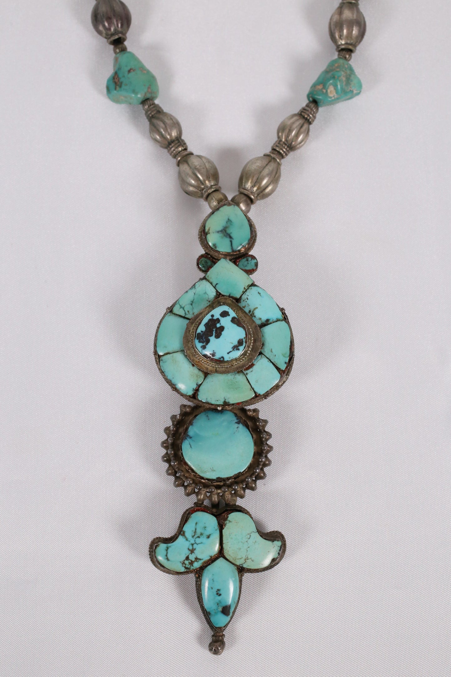 Vintage Sterling Silver Large Turquoise Pendant Necklace, 15 inches - 108.3g