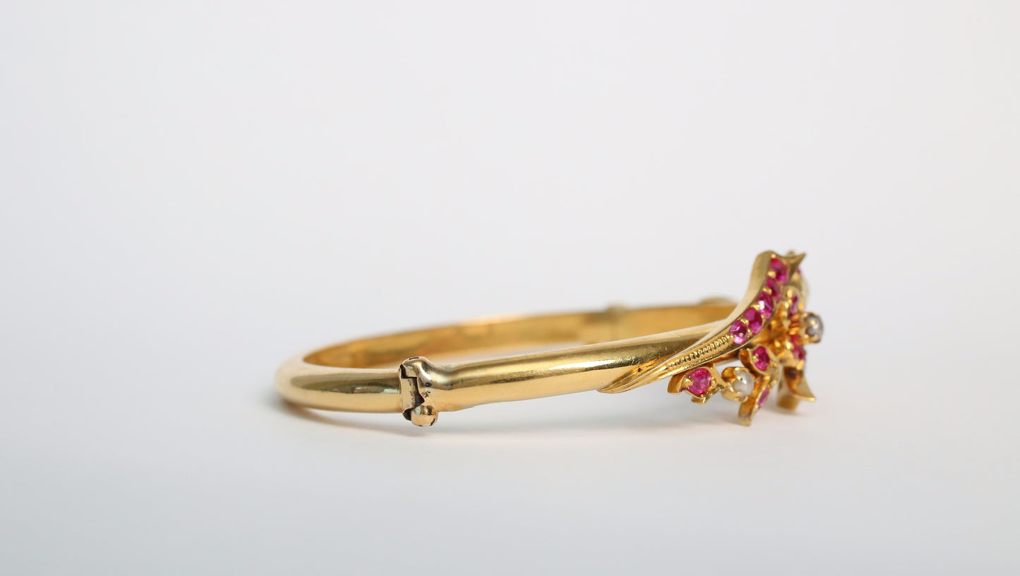 21k Yellow Gold Ruby Floral Bangle, 6.75 inches - 22.5g