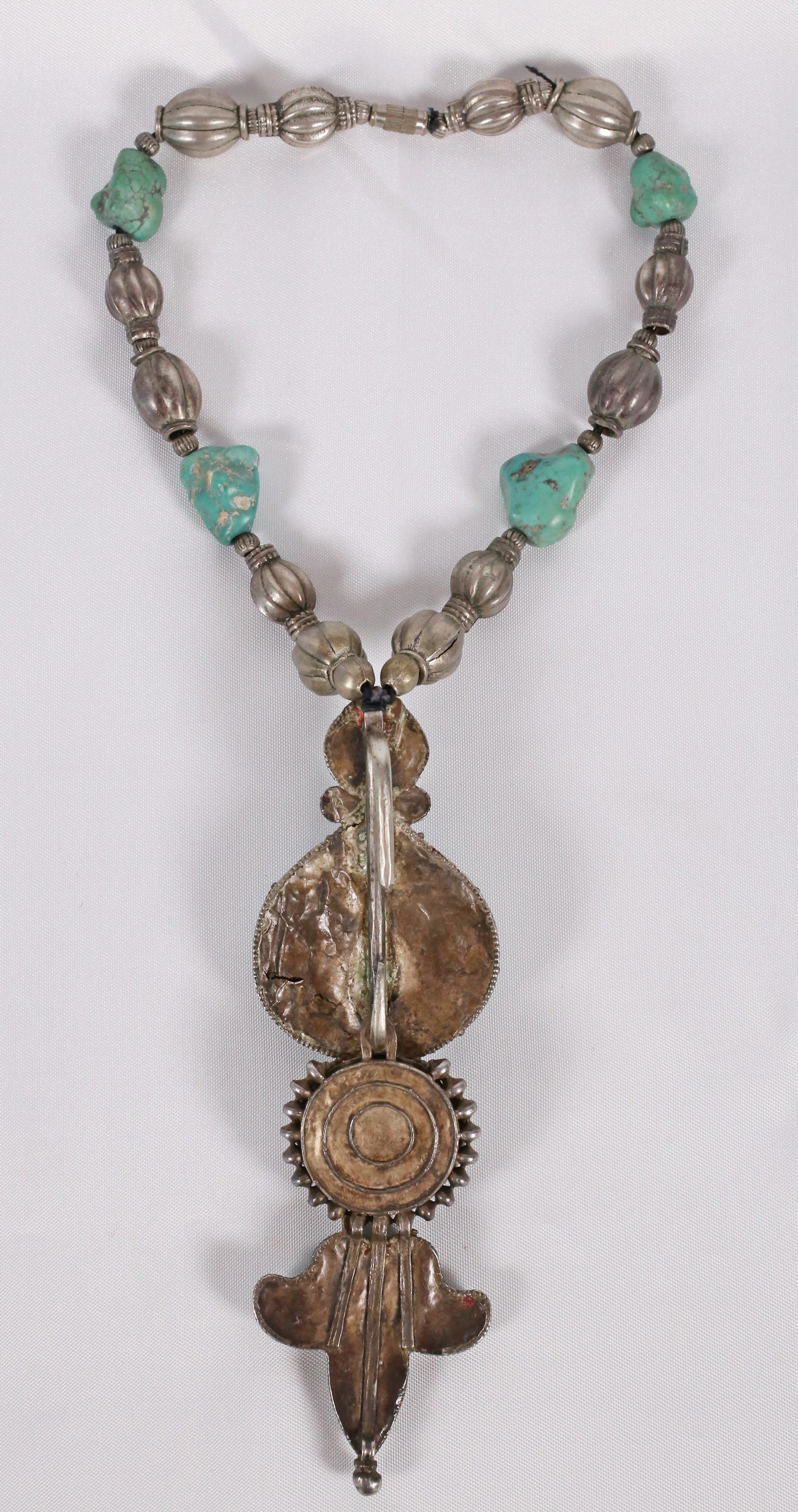 Vintage Sterling Silver Large Turquoise Pendant Necklace, 15 inches - 108.3g