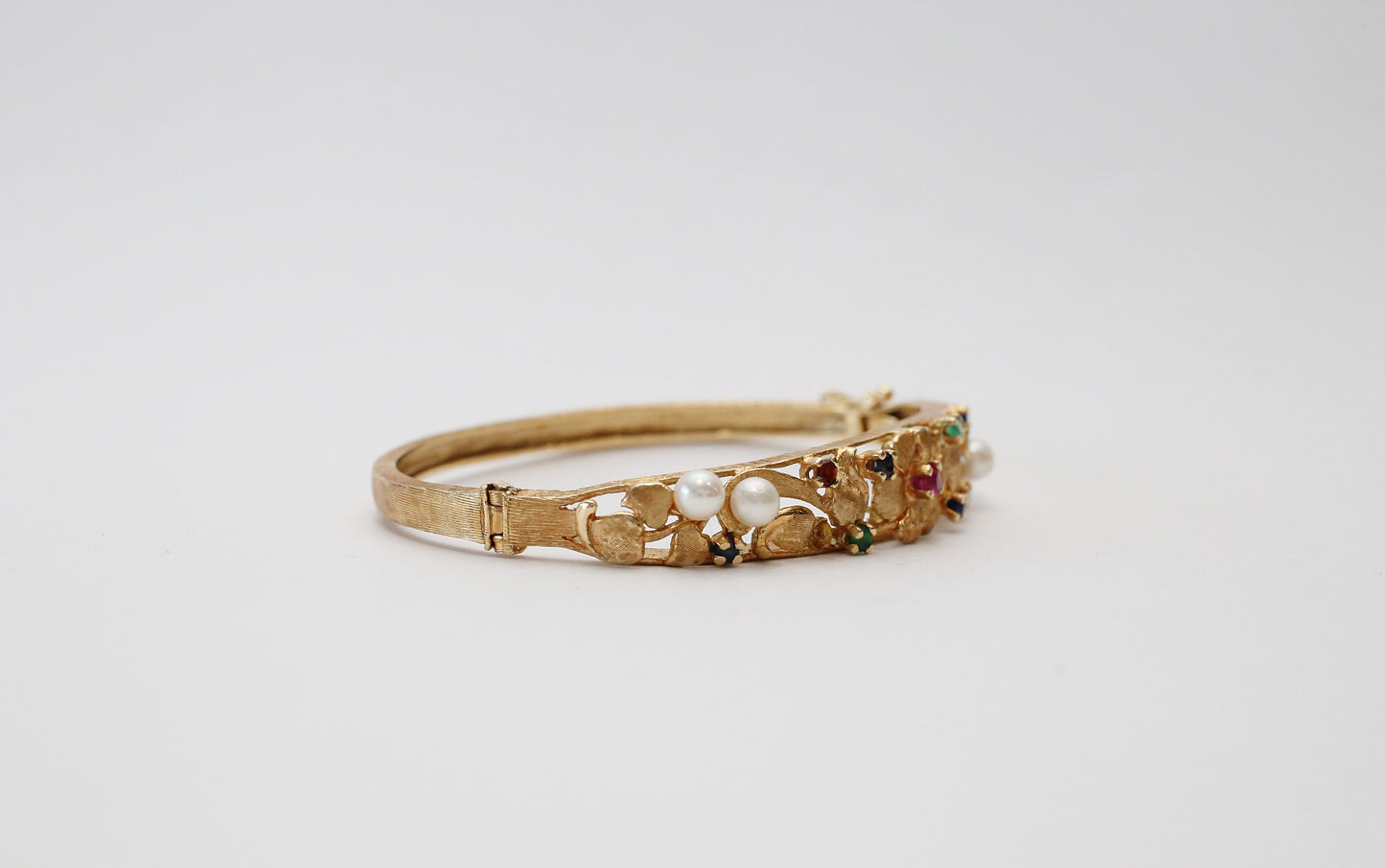 14k Yellow Gold Multi-Gemstone Floral Bangle, 6.5 inches - 17.0g