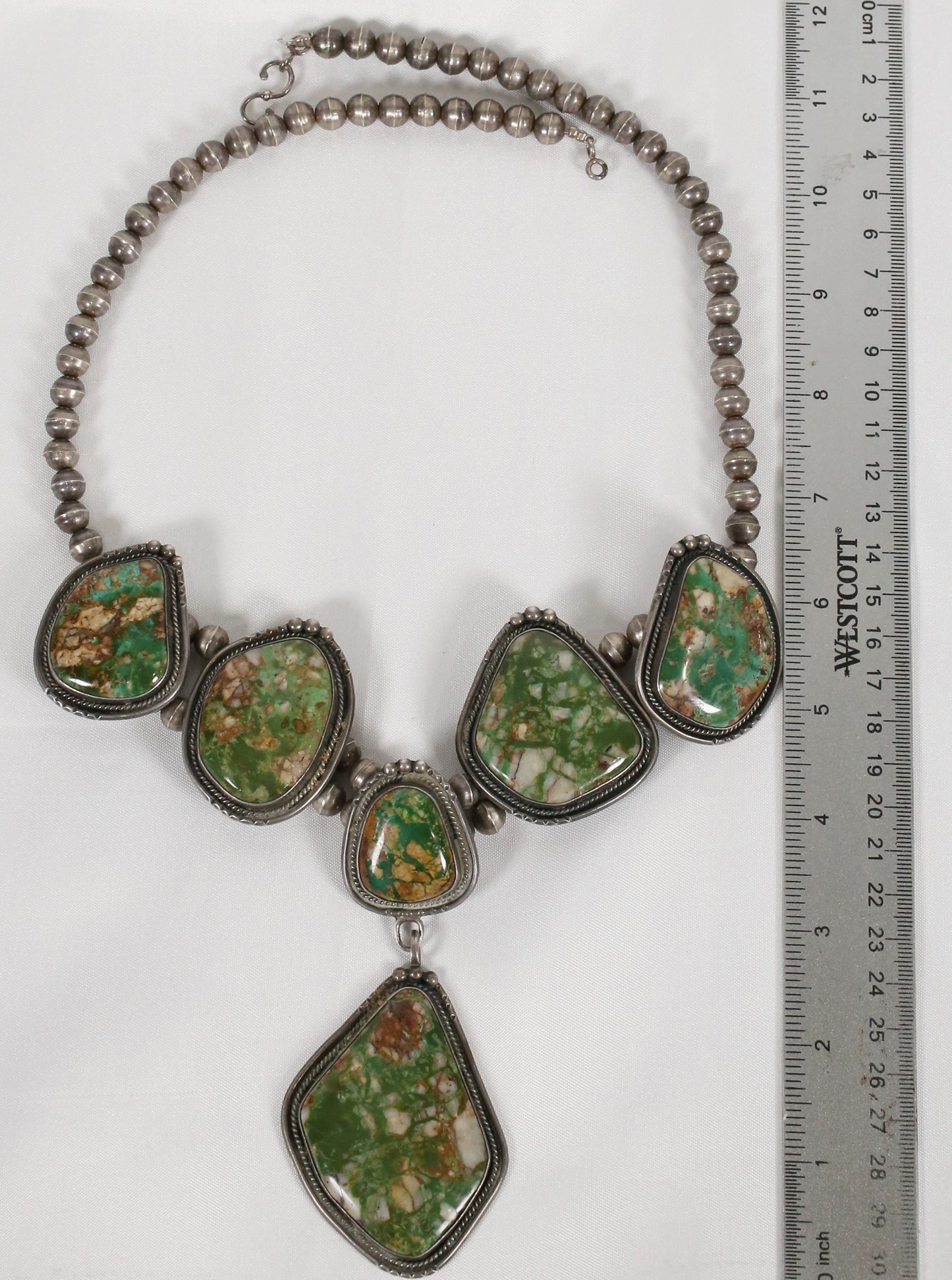 Vintage Sterling Silver Large Green Turquoise Necklace, 26 inches - 219.8g