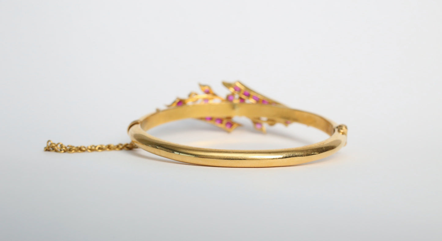 21k Yellow Gold Ruby Floral Bangle, 6.75 inches - 22.5g