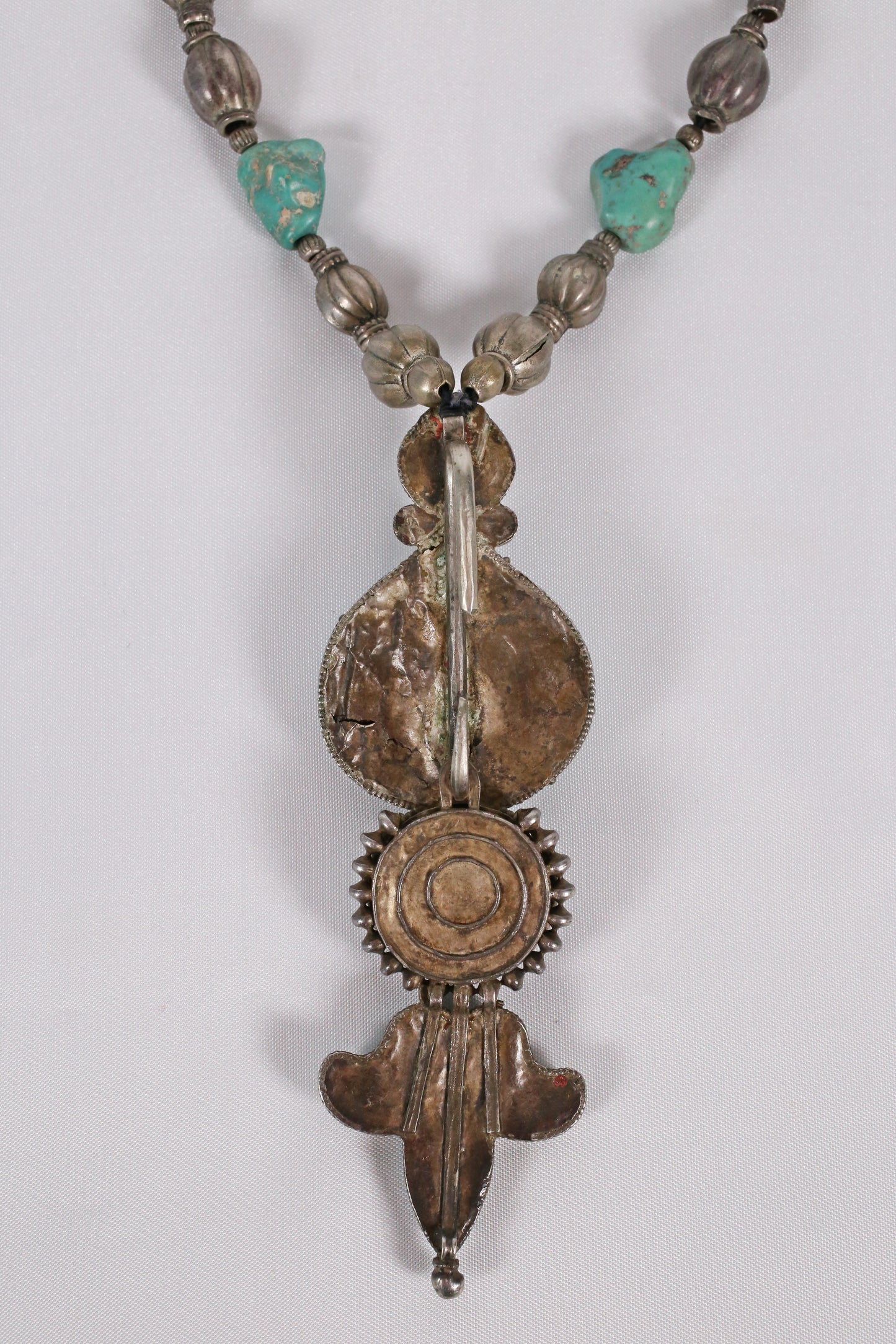 Vintage Sterling Silver Large Turquoise Pendant Necklace, 15 inches - 108.3g