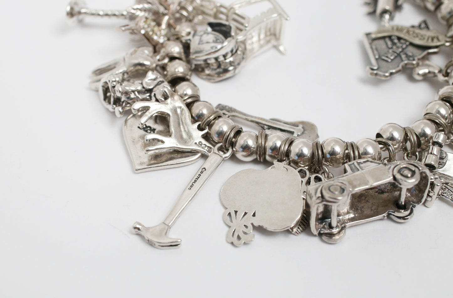 Sterling Silver Beaded Charm Bangle, 70.6g