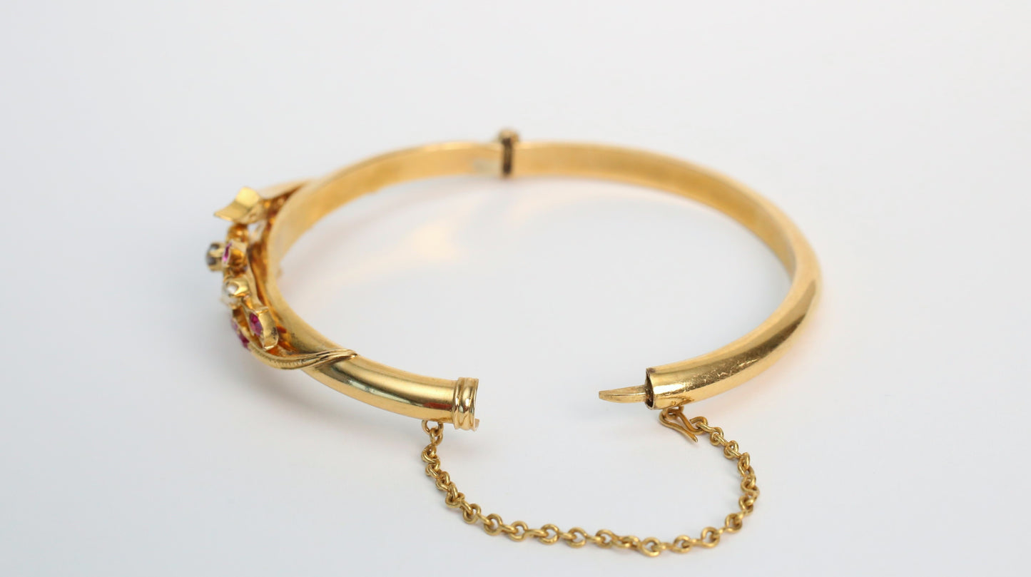 21k Yellow Gold Ruby Floral Bangle, 6.75 inches - 22.5g