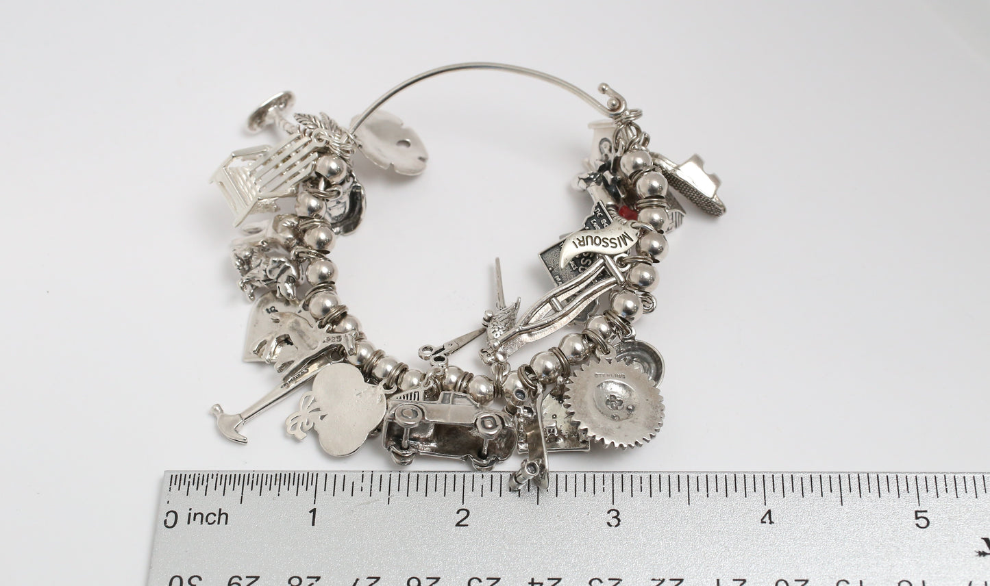 Sterling Silver Beaded Charm Bangle, 70.6g