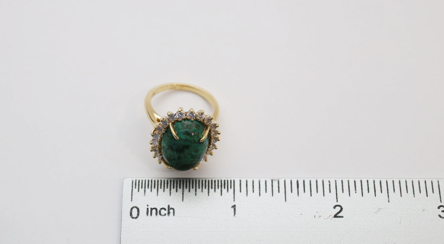 18k Yellow Gold Malachite & Diamond Ring, Size 6 - 8.1g