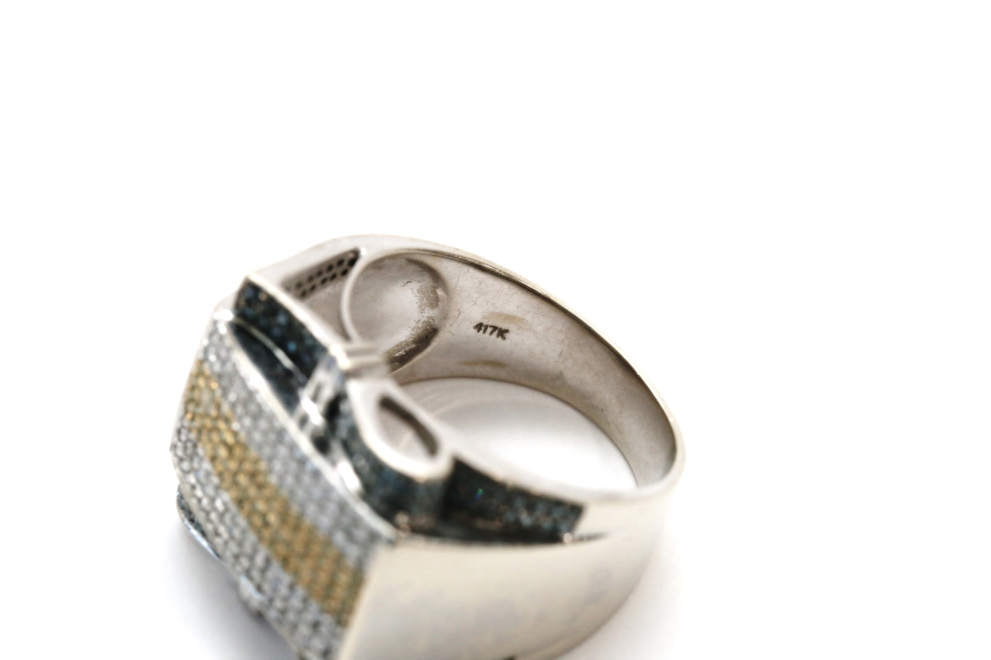 10k White Gold White Yellow & Blue Diamond Flat Top Ring, Size 11.5 - 13.1g