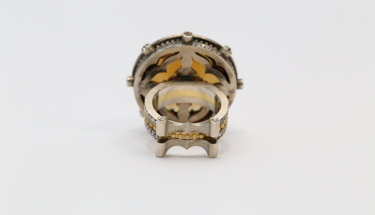 14k White & Yellow Gold Large Smoky Quartz Ring with Diamonds, Size 8 - 32.9g