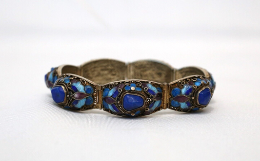 Rare Vintage Sterling Silver Chinese Lapis Lazuli Enamel Bracelet, 6.5 inches - 31.0g