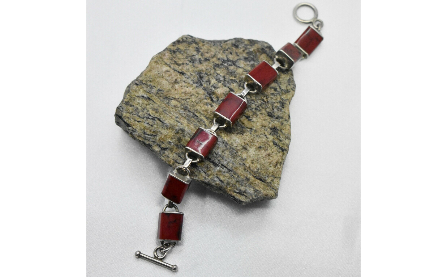 Sterling Silver Red Jasper Stone Link Bracelet, 7 Inches - 32.6g