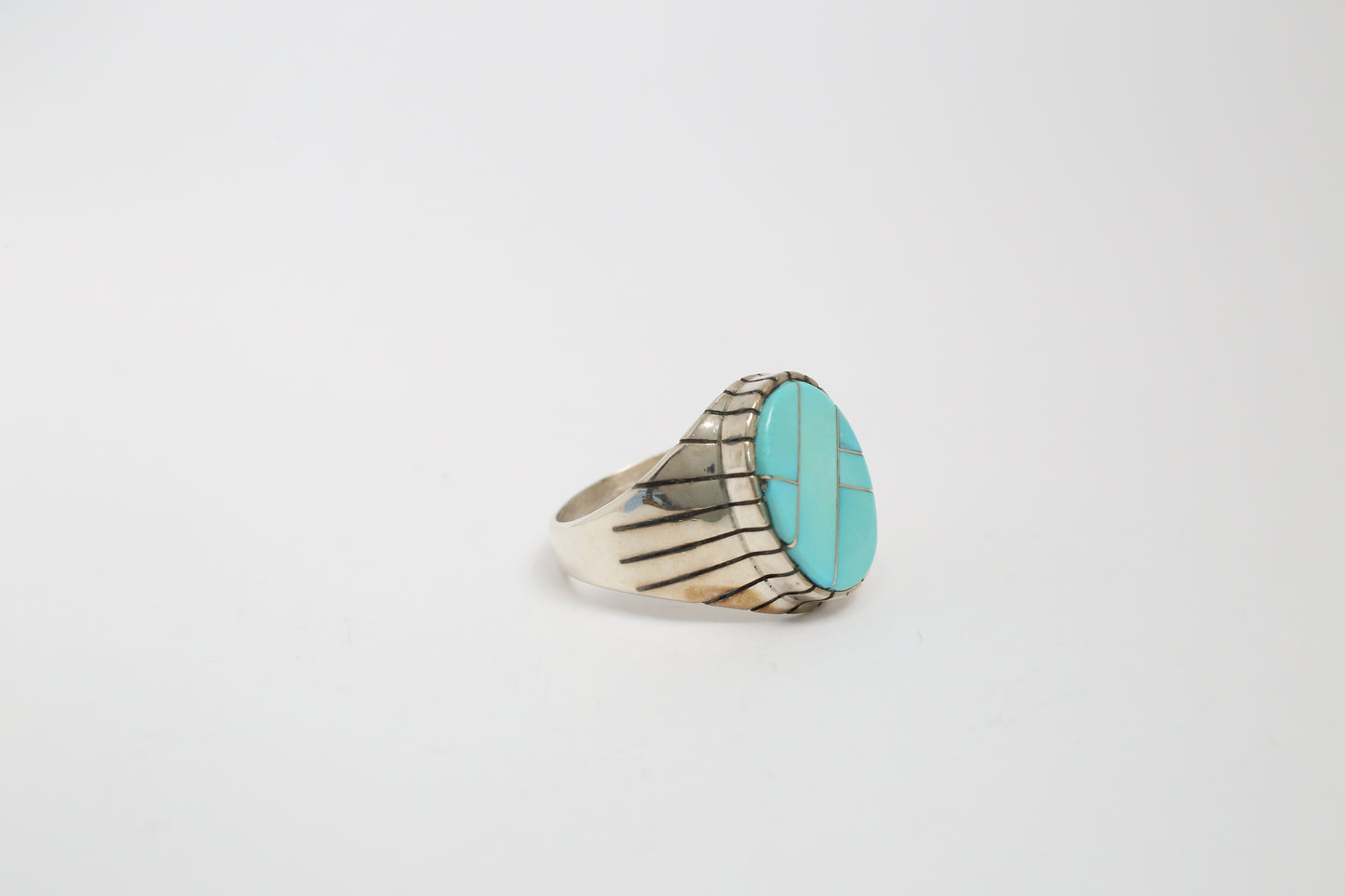 Native American Sterling Silver Inlaid Turquoise Ring, Size 12 - 11.2g