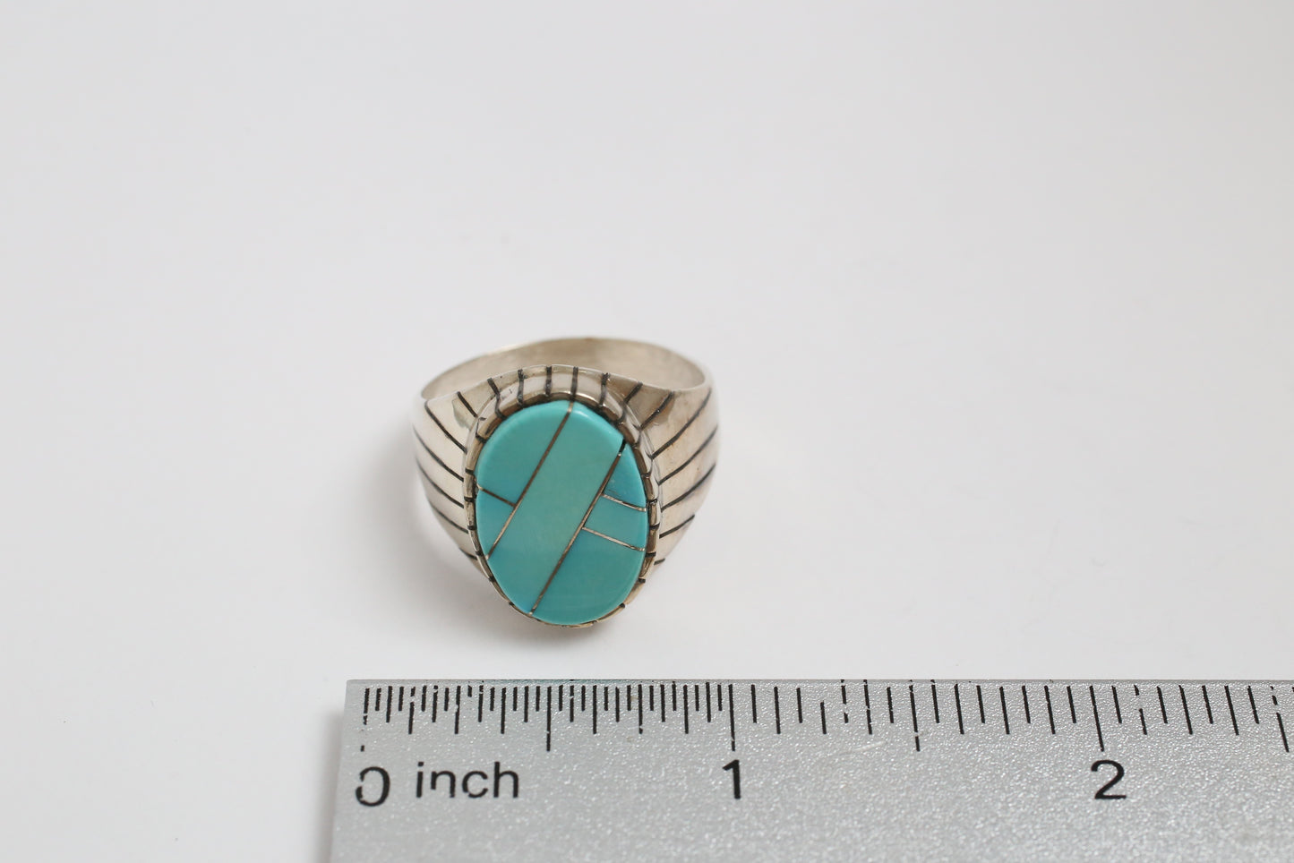 Native American Sterling Silver Inlaid Turquoise Ring, Size 12 - 11.2g