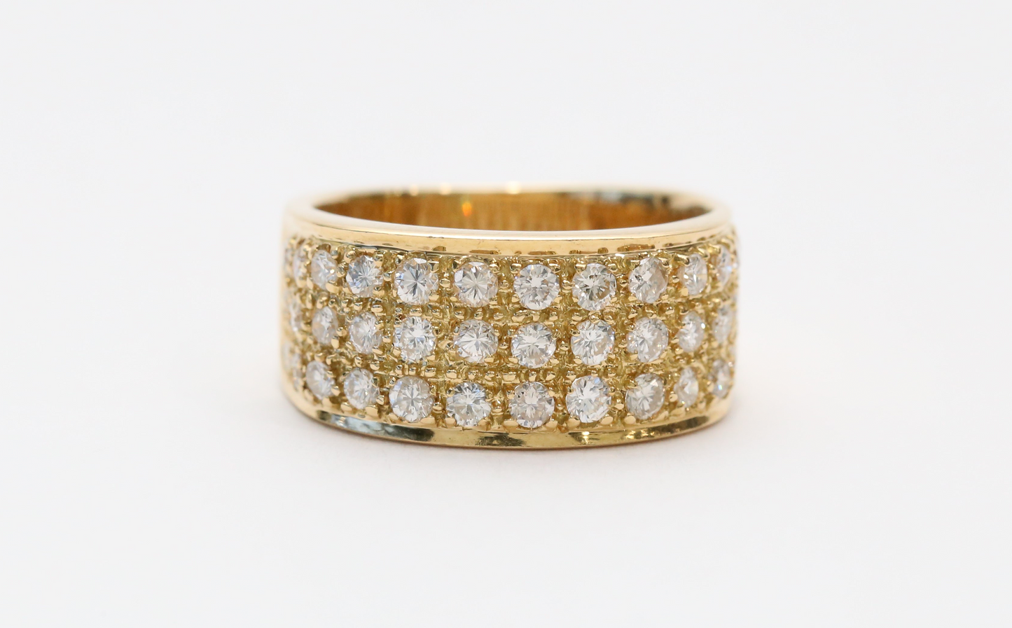 18k Yellow Gold Three-Row Diamond Ring, Size 6.5 - 8.6g