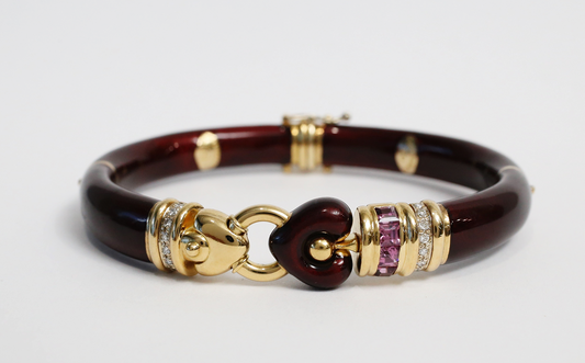 La Nouvelle Bague 18k Yellow Gold Burgundy Enamel Diamond & Garnet Heart Bangle, 7 inches - 37.2g