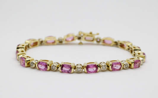 14k Yellow Gold Pink Sapphire & Diamond Tennis Bracelet, 7 inches - 16.2g