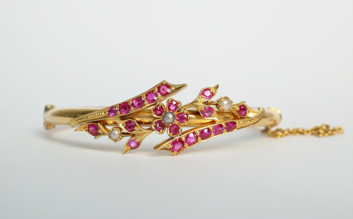 21k Yellow Gold Ruby Floral Bangle, 6.75 inches - 22.5g