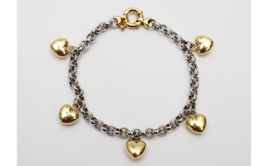 Platinum & 18k Gold Heart Charm Bracelet, 7.5 inches - 14.7g