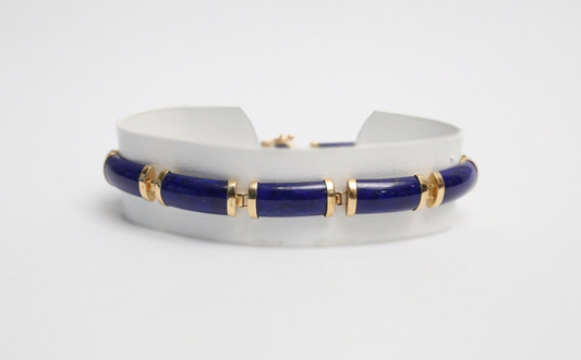 14k Yellow Gold Chinese Blue Lapis Lazuli Bar Link Bracelet, 7 inches - 10.7g