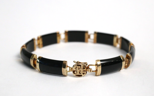 10k Yellow Gold Onyx Link Chinese "Good Fortune" Bracelet, 7.5 inches - 9.6g