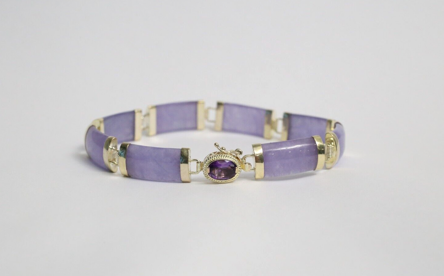 14k Yellow Gold Lavendar Jade Link Bracelet w/ Amethyst, 7.5 inches - 13.5g