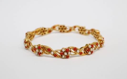 21k Yellow Gold Pearl & Coral Bangle, 7 inches - 23.2g