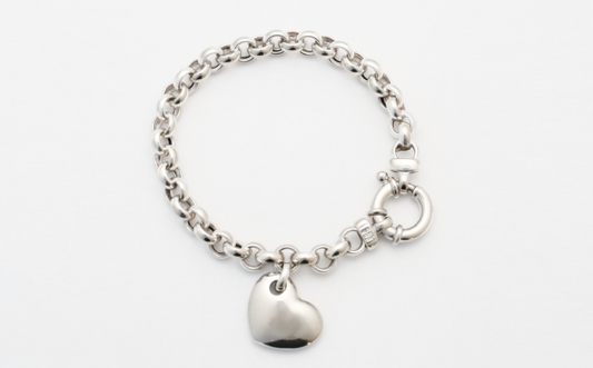 Milor Sterling Silver Puffed Heart Charm Rolo Link Bracelet, 7 inches - 25.0g